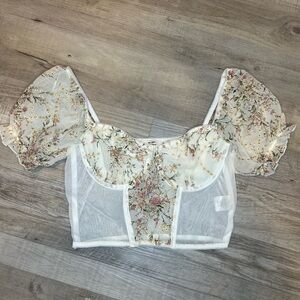 Floral Corset Top Puff Short Sleeve Sheer Overlay White Beige - Size S